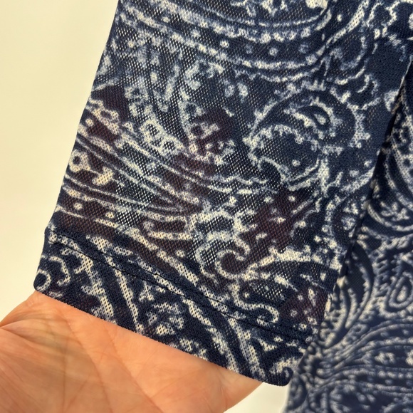 Chaps Denim Womens Large Pullover Mesh Top Blue Paisley Fitted Ruffles 3/4 Slv - Picture 5 of 8